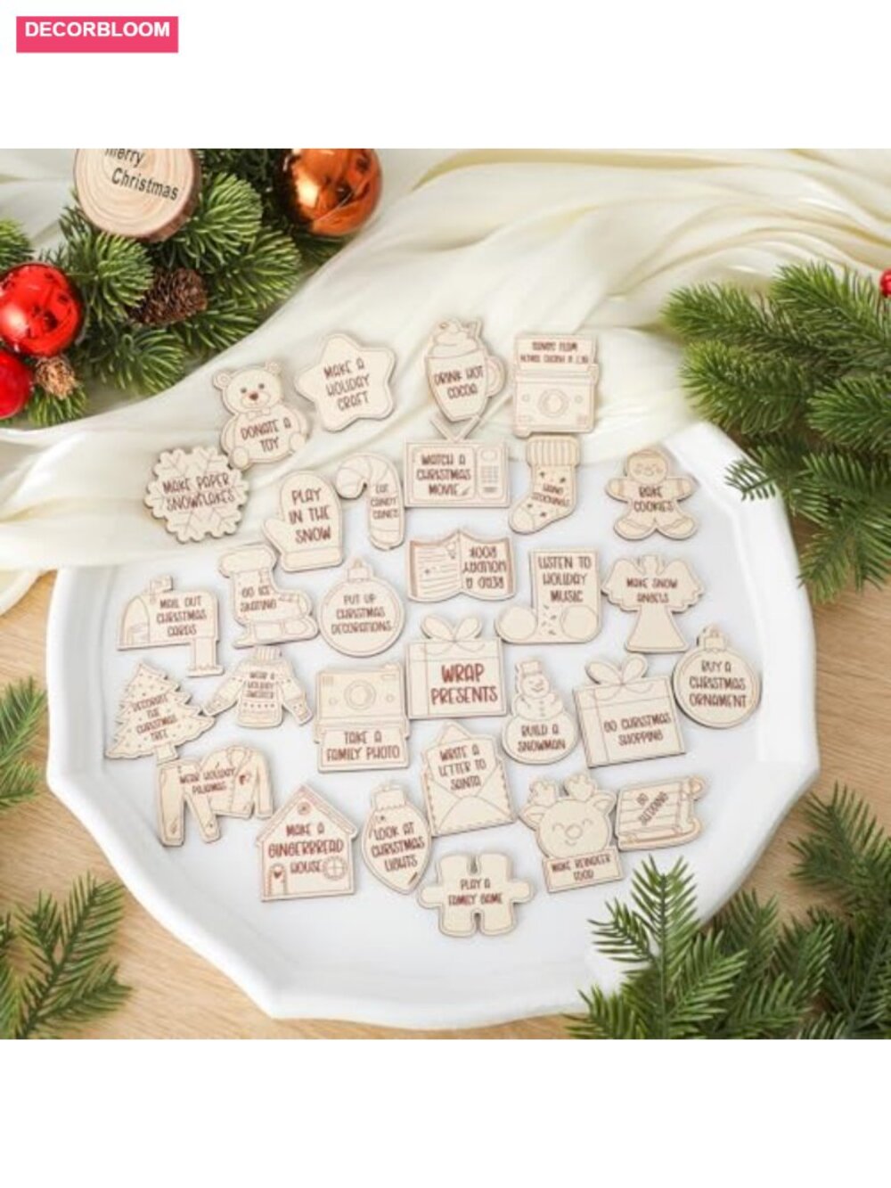 Wooden Christmas Advent Countdown Tokens Set 30 Pcs Laser Engraved Holiday